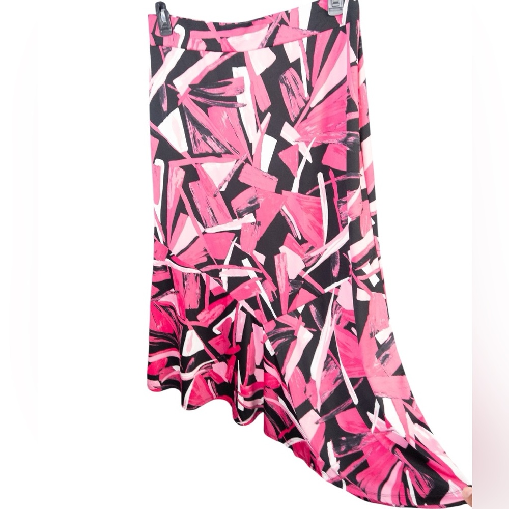 Vintage Notations Petites Large Black Pink Geo Stretch Jersey A-Line Maxi Skirt